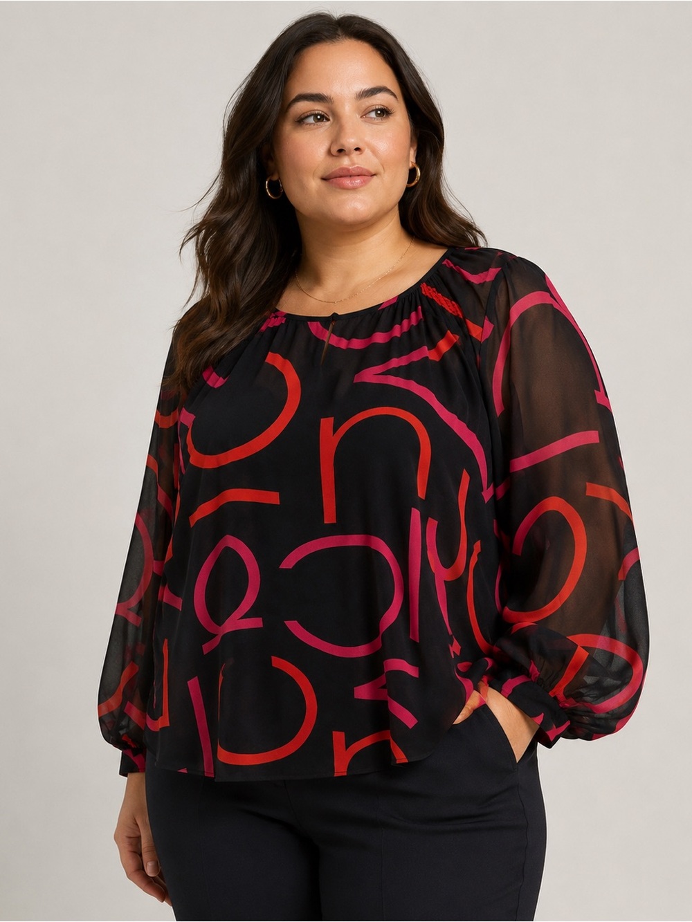 Calvin Klein Black Red Sheer Blouse XL Long Sleeve Chic Top